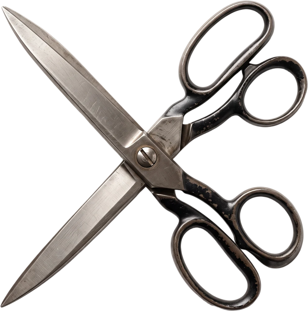 A worn pair of tailor's shears, closed, in forged steel with a gunmetal patina