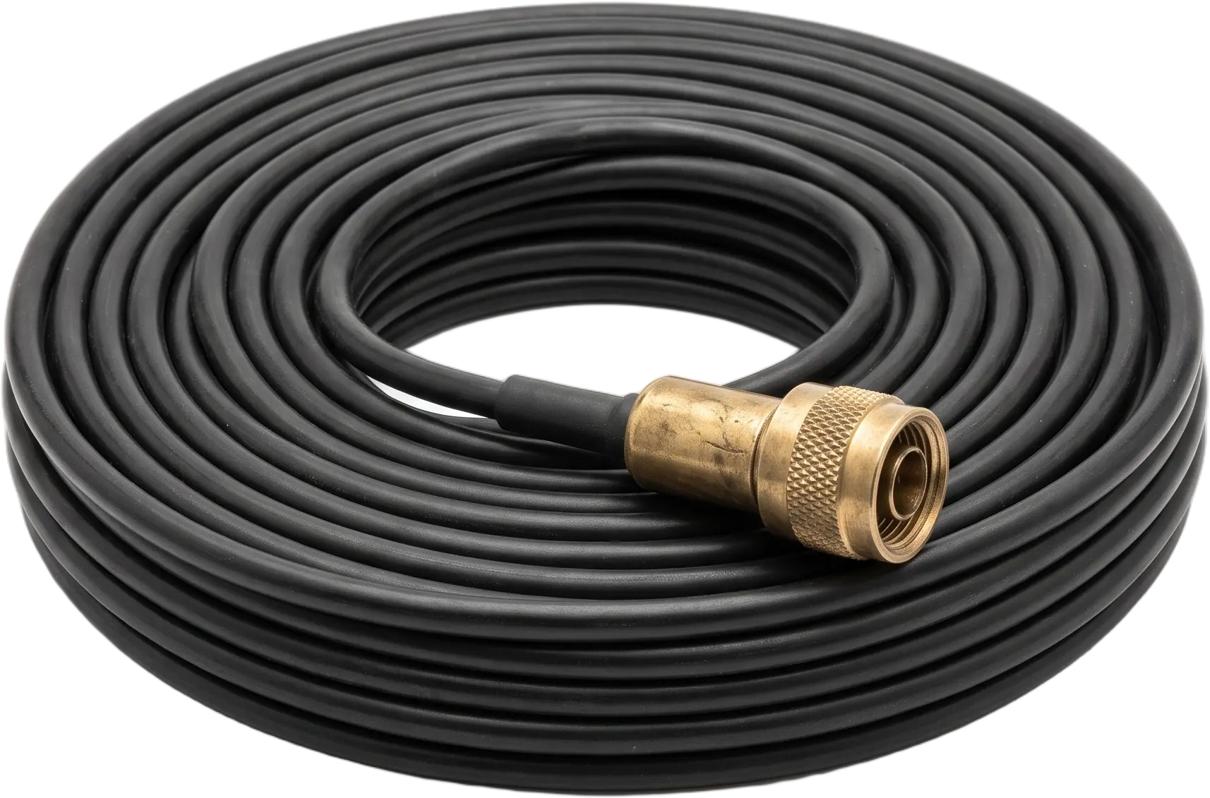 A coiled black camera sync cable with a brass connector at one end