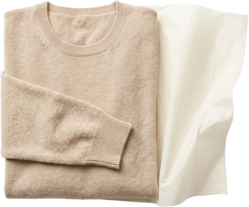 A folded oat cashmere knit laid flat with a sheet of ivory tissue half-lifted from beneath it