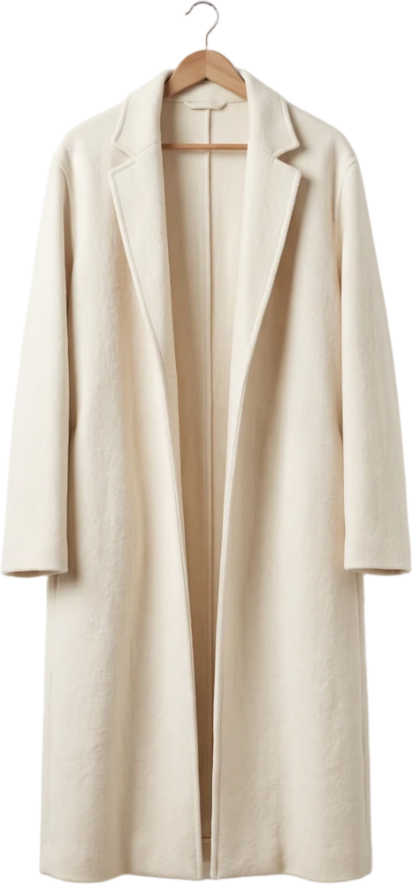 A floor-length ivory wool coat, unbuttoned, hanging from a slim wooden hanger