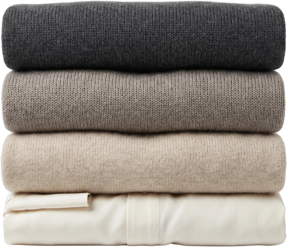 A neat stack of four folded garments, bone silk, oat cashmere, warm grey and charcoal knits