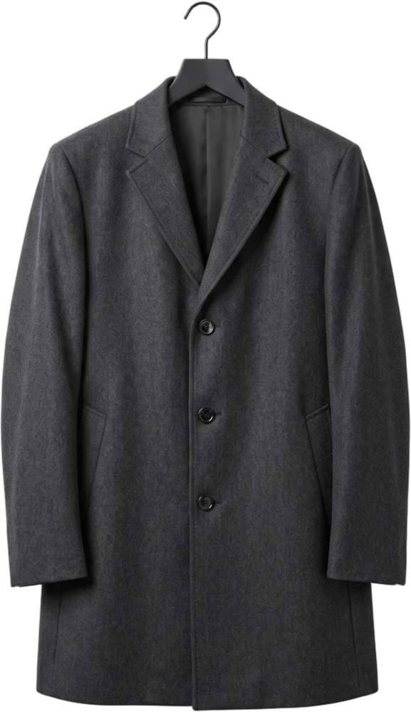 A tailored charcoal wool coat hanging straight-on from a thin matte metal hanger