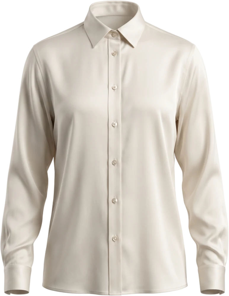 A bone silk shirt shown ghost-mannequin, holding a worn shape with the inner collar visible