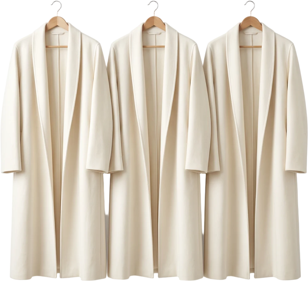 Three identical floor-length ivory wool coats hanging side by side on slim wooden hangers