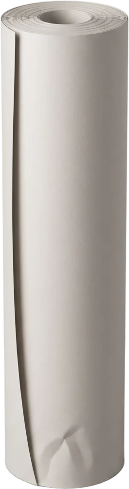 A single roll of warm light grey seamless backdrop paper standing upright, unopened