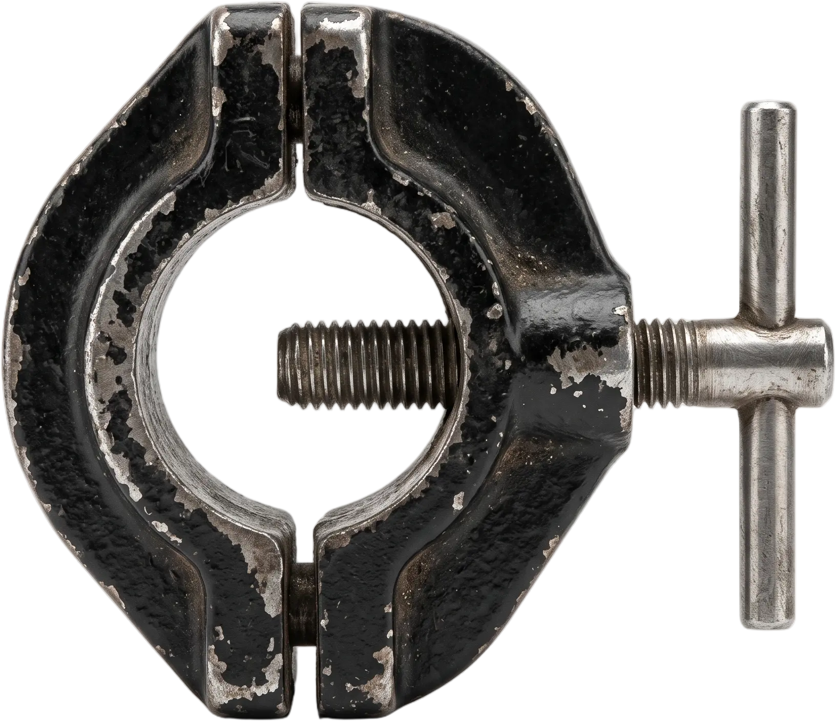 A chipped black steel C-stand knuckle, the grip handle worn to bare metal