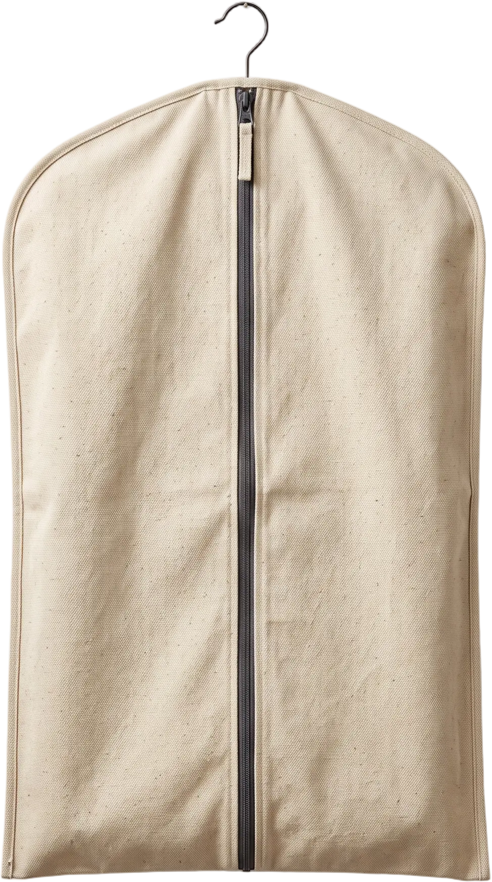 An ivory cotton garment bag hanging closed, the zip pulled to the top