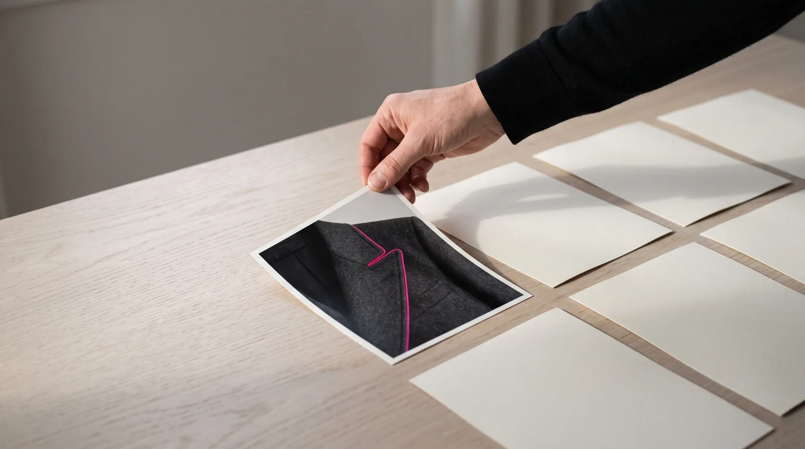A creative director's hand lifting the one face-up print off a table of face-down prints, a single magenta piped seam on the coat's lapel