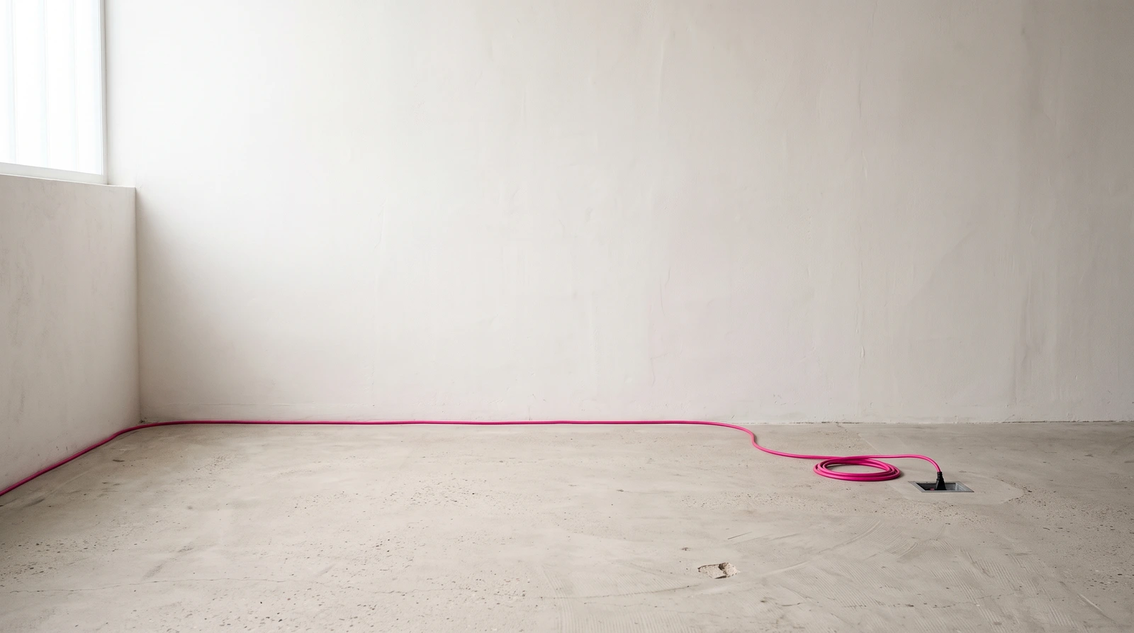 A bare studio wall meeting a swept concrete floor, with a single magenta cable running along the skirting to a floor socket