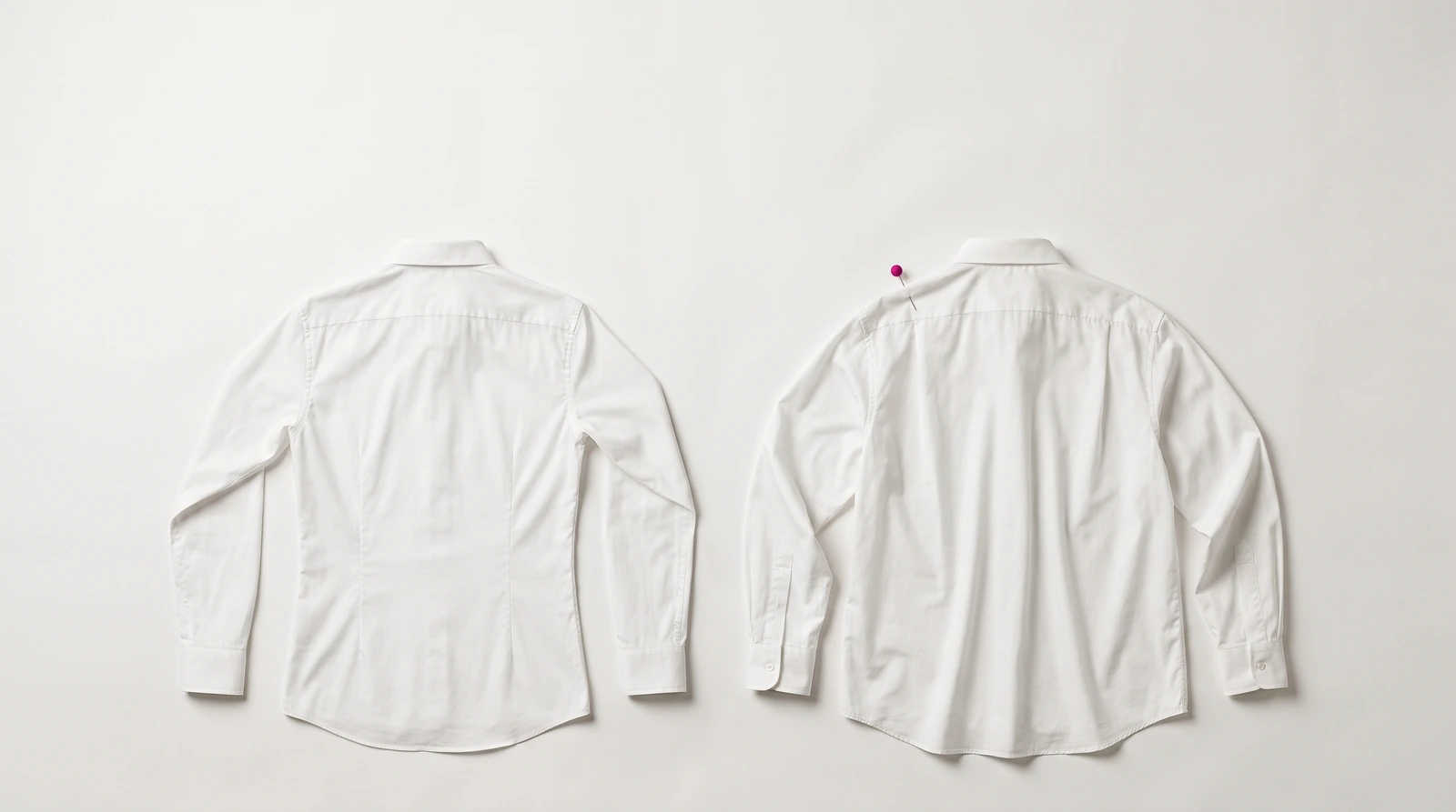 Two white cotton shirts laid flat side by side on pale studio paper, one cut close to the body and one cut generous, so the difference in ease is the whole subject, with a single magenta tailor's pin resting on the looser shirt
