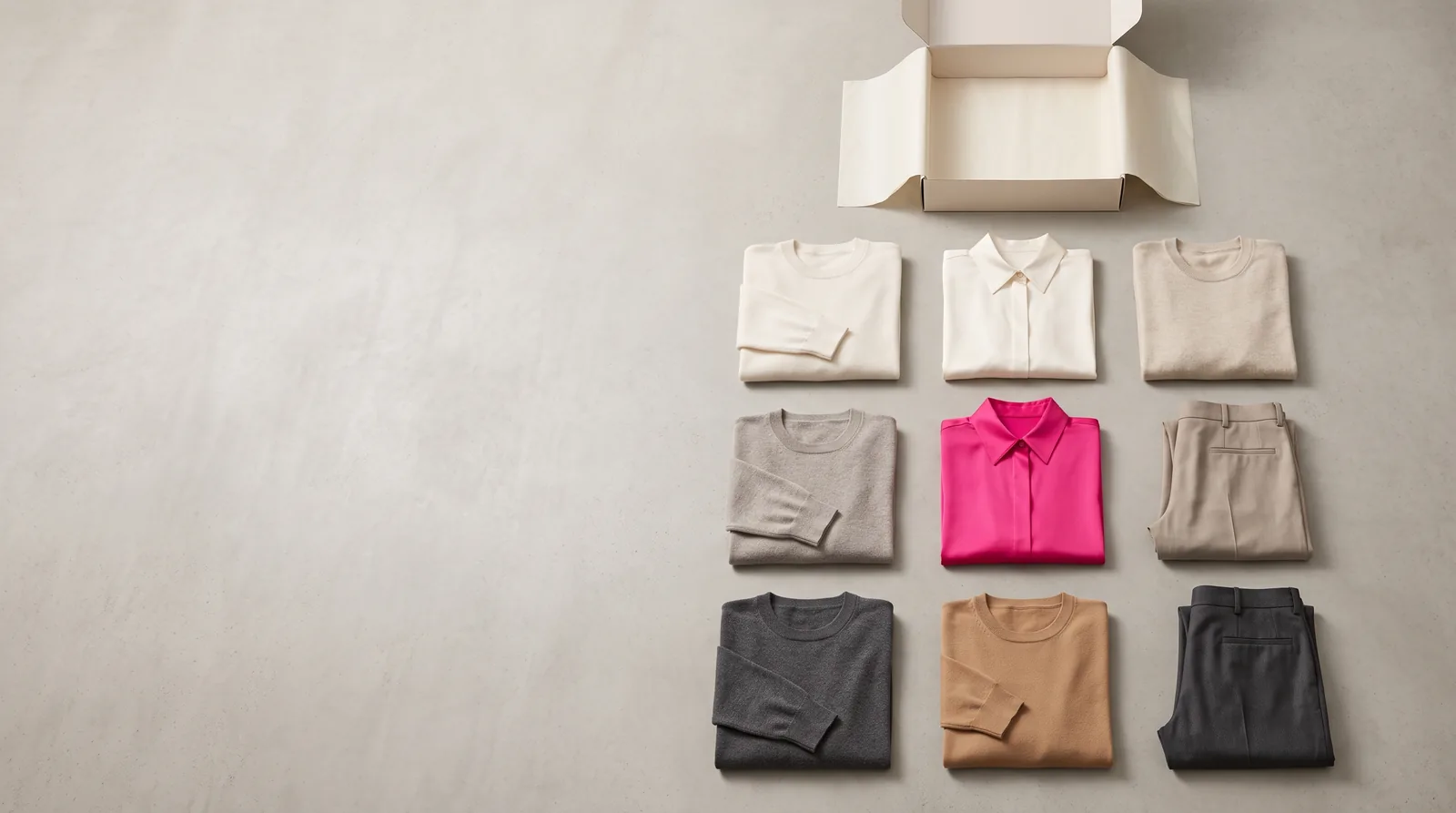 An overhead flat lay of nine folded garments squared into a grid on a concrete floor, an emptied shipping box behind them