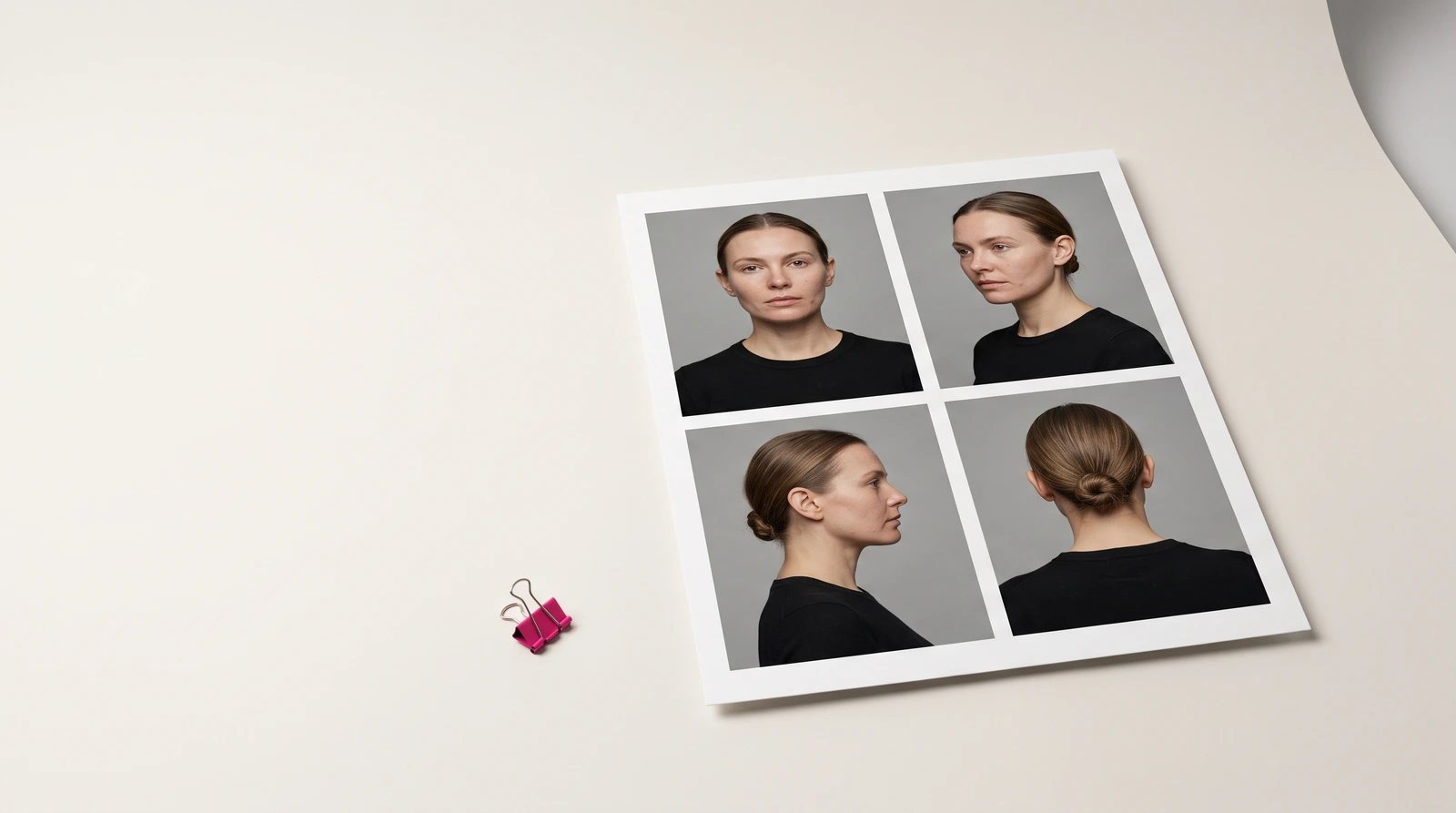 A model-digitals sheet lying alone on a bone-white studio sweep, four views of the same woman in a 2x2 grid — front, three-quarter, side profile, back — with a small magenta binder clip on the empty paper beside it