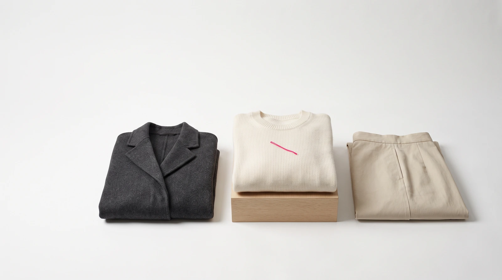 Three folded garments laid in a row on pale studio paper — a charcoal wool coat, a bone cashmere knit, an oat cotton skirt — with the knit in the middle raised on a low pale oak block so it stands proud of the other two, and a single magenta thread marker resting on it