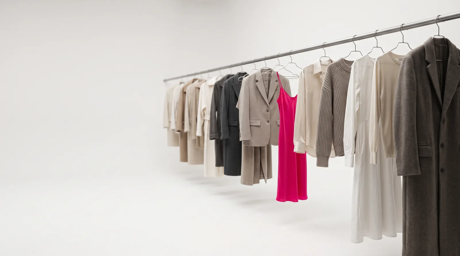 A long studio rail of garments on thin hangers receding into soft focus, one magenta silk slip a third of the way down