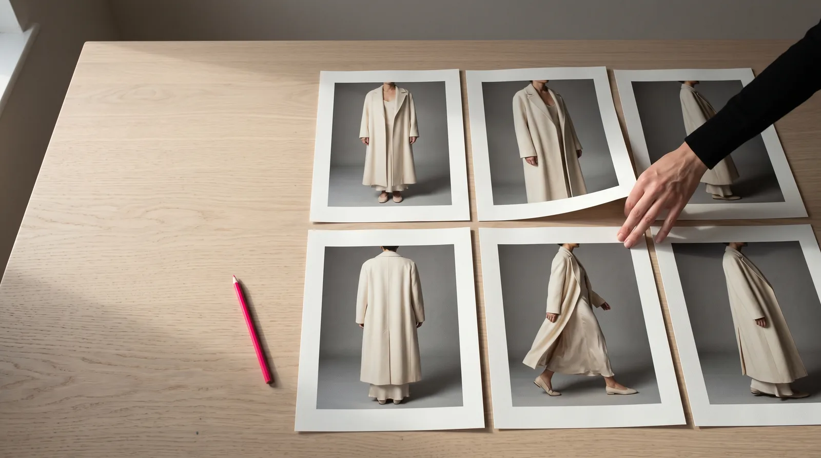 Six large prints of the same look laid across an oak table, each shot from a different angle, a hand steadying one corner