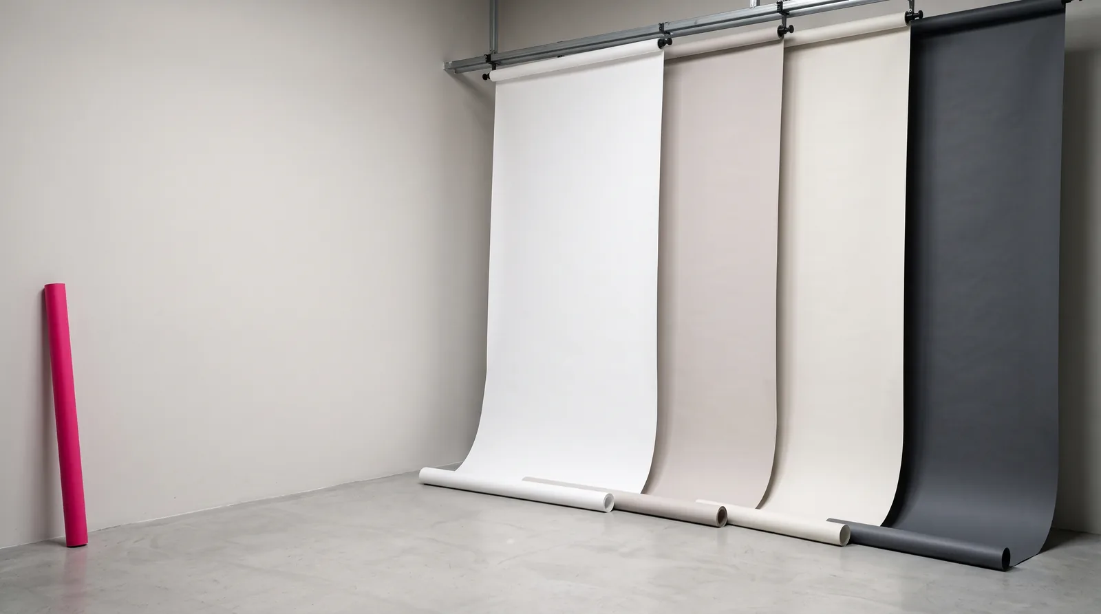 Four seamless paper rolls hanging in an empty studio, sweeping down to the floor, an unopened magenta roll leaning against the far wall