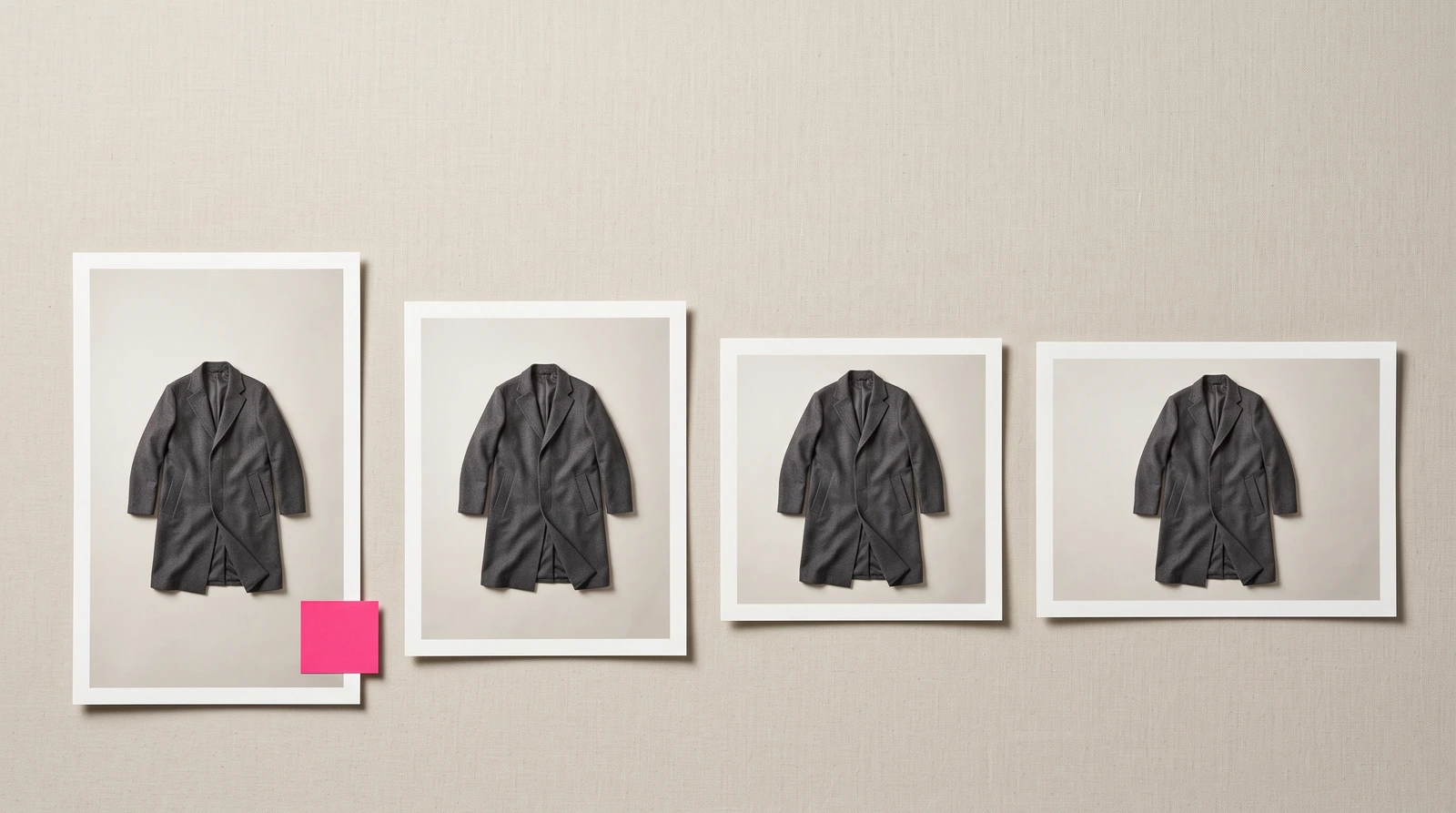 Four photographic prints of the same charcoal wool coat, laid flat and shot from above, each print trimmed to a different proportion and set in a row on pale oat linen, with a small magenta paper tab at the corner of the tallest and narrowest of the four