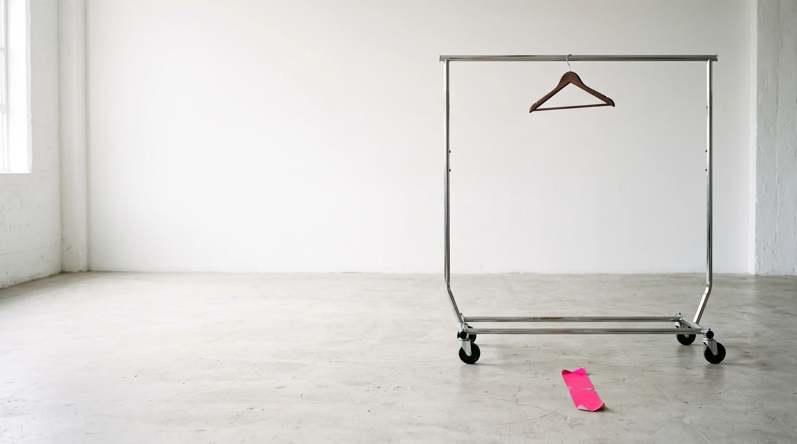An emptied garment rail in a bare studio with one wooden hanger left on it, a short strip of magenta tape marking a mark on the floor beneath